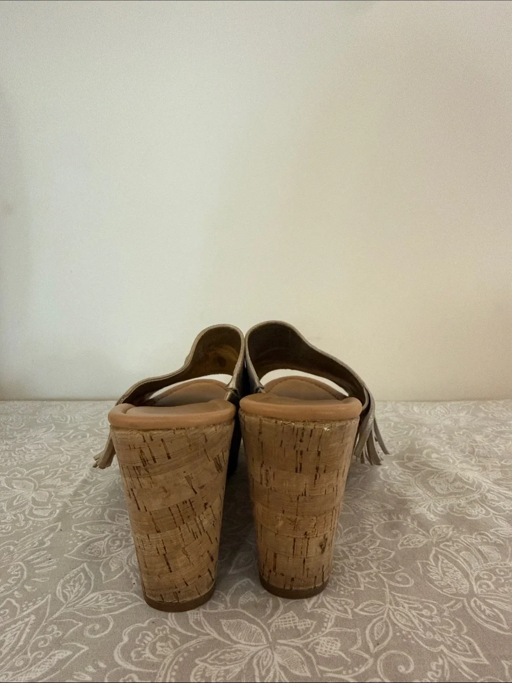Marc Fisher Metallic Gold Fringe Cork Wedge Slides